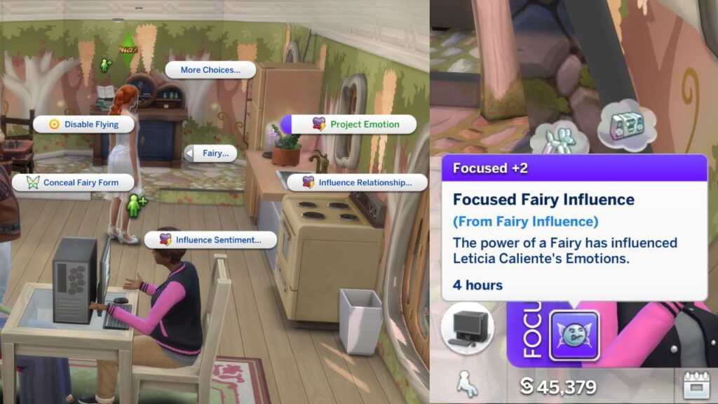 A screenshot from The Sims 4 showing the option to project emotion and the moodlet sims get from having their relationship influenced