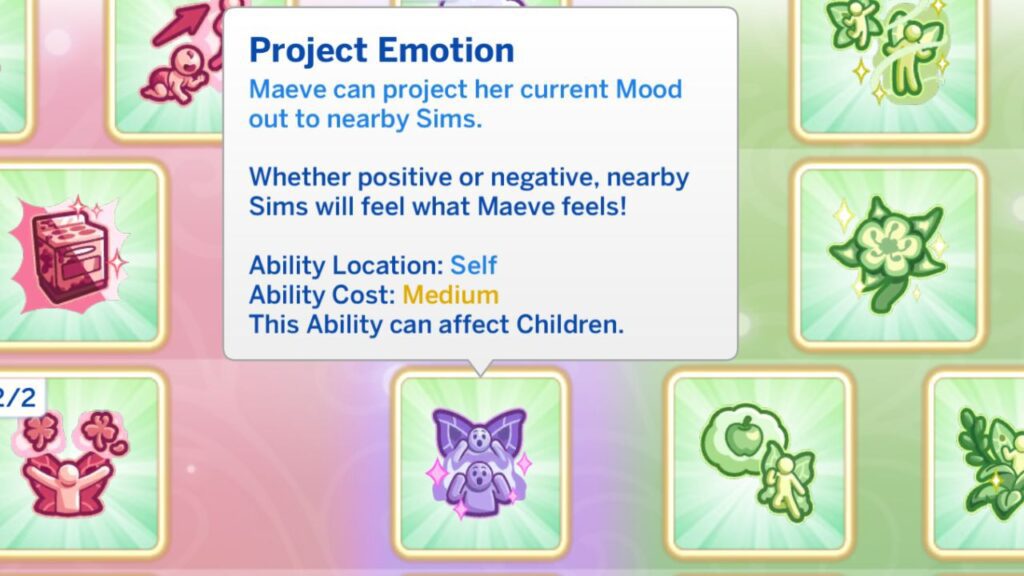 A screenshot from The Sims 4 showing the project emotion fairy ability