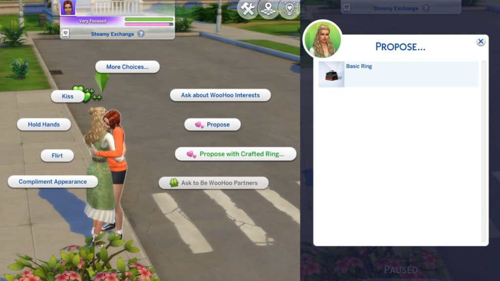 A screenshot from The Sims 4 showing how to propose with a crafted ring in The Sims 4