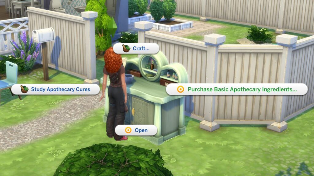 A screenshot from the sims 4 showing how to purchase apothecary ingredients