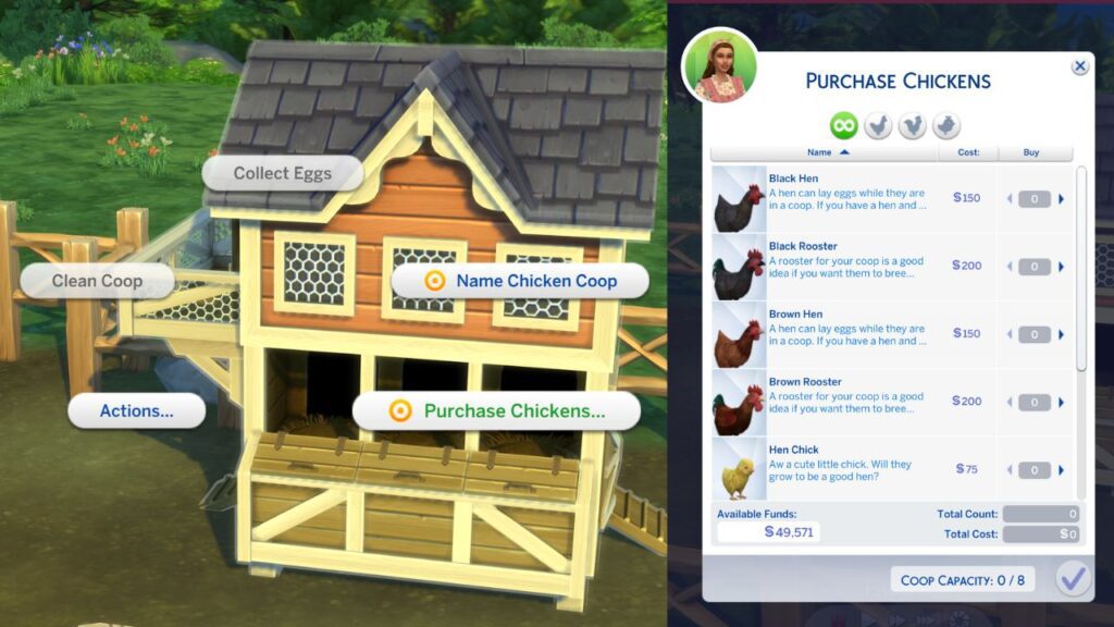 A screenshot from The Sims 4 showing how to purchase a chicken with a coop