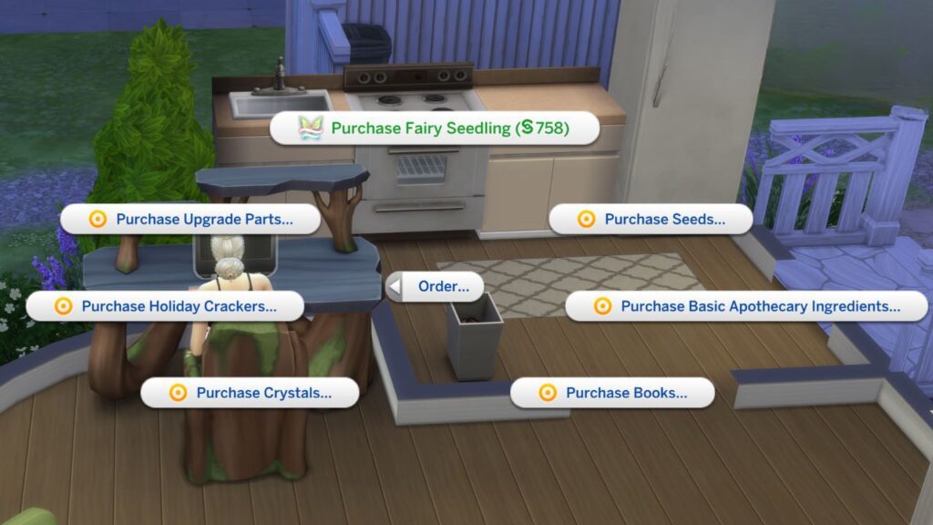 A screenshot from The Sims 4 showing how to purchase a fairy seedling on a computer
