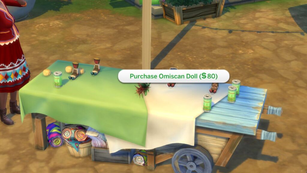 A screenshot from The Sims 4 showing a marketplace table with a doll on it and Purchase Omiscan Doll highlighted