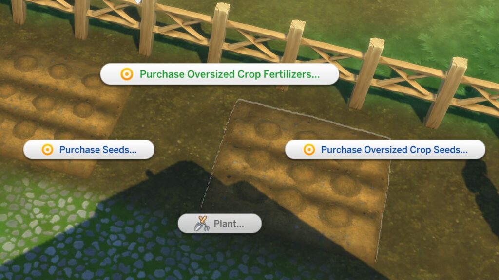 A screenshot from The Sims 4 showing how to buy oversized crop fertilizers