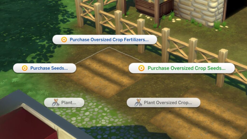 A screenshot from The Sims 4 showing how to purchase oversized crop seeds