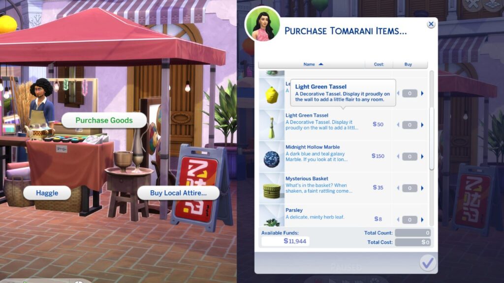 A screenshot from The Sims 4 showing the option to purchase tassels at the night market