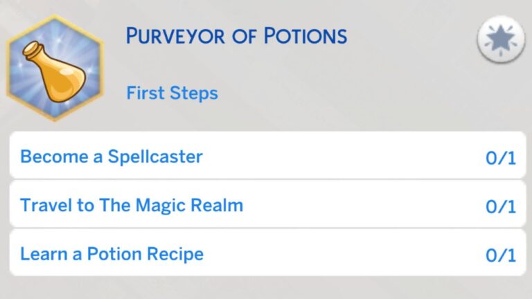 A screenshot from The Sims 4 showing the first stage of the purveyor of potions aspiration