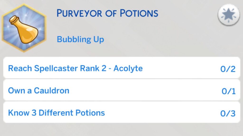 A screenshot from The Sims 4 showing the second stage of the purveyor of potions aspiration