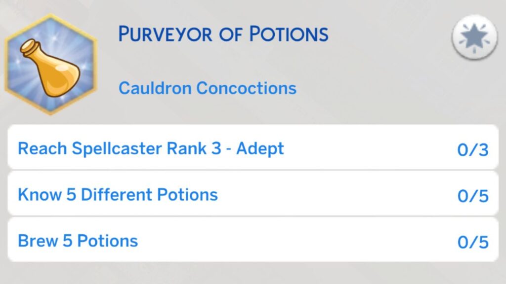 A screenshot from The Sims 4 showing the third stage of the purveyor of potions aspiration