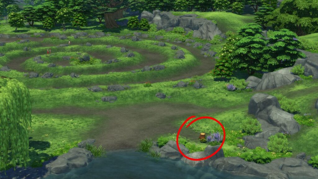 A screenshot from The Sims 4 showing the swirl park in the bramblewood and a rabbit home is highlighted with a circle