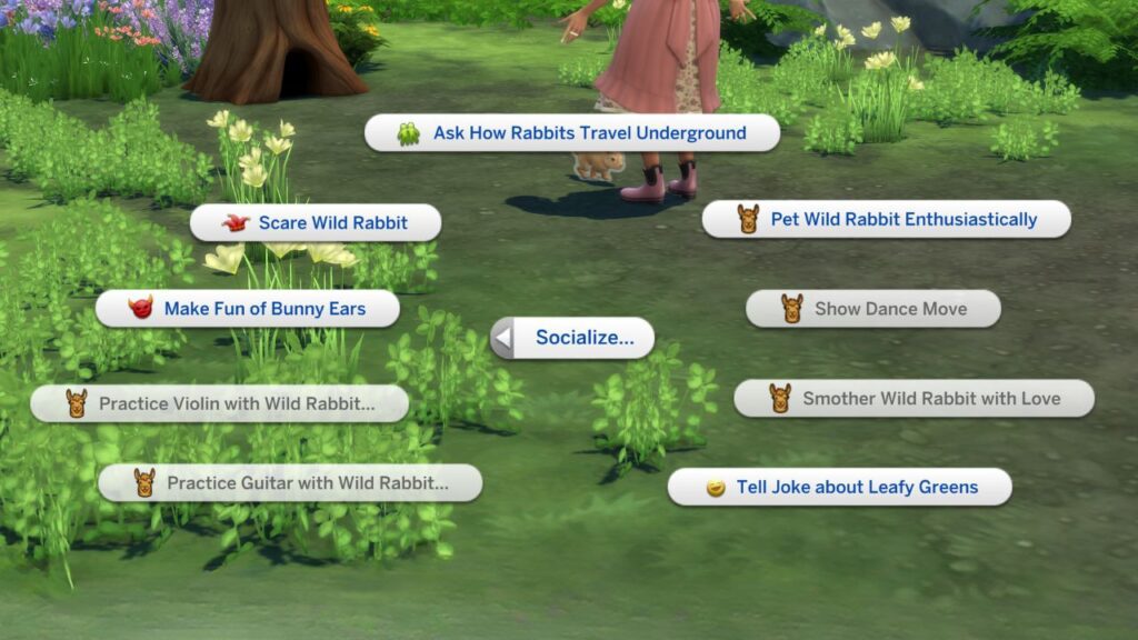 A screenshot from The Sims 4 showing the social interactions with a rabbit