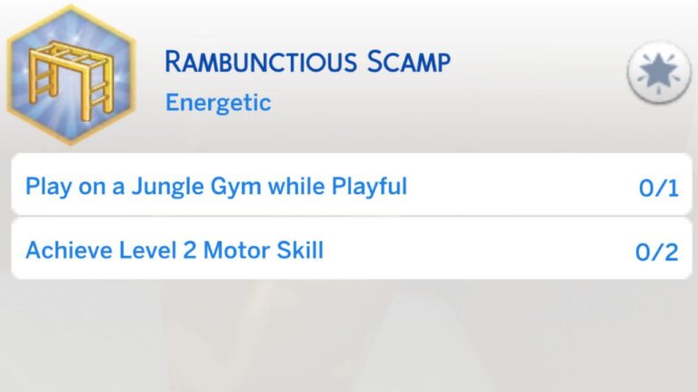 A screenshot from The Sims 4 showing the first stage of the rambunctious scamp aspiration