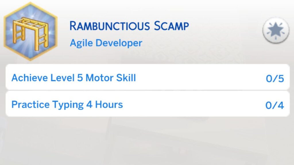 A screenshot from The Sims 4 showing the second stage of the rambunctious scamp aspiration