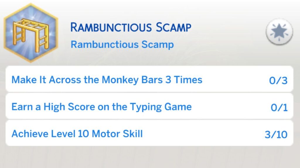 A screenshot from The Sims 4 showing the third stage of the rambunctious scamp aspiration