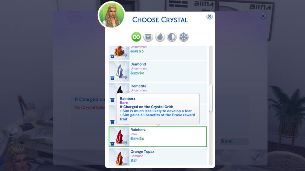 A screenshot from The Sims 4 showing the option to create a cut gemstone with a rare crystal 