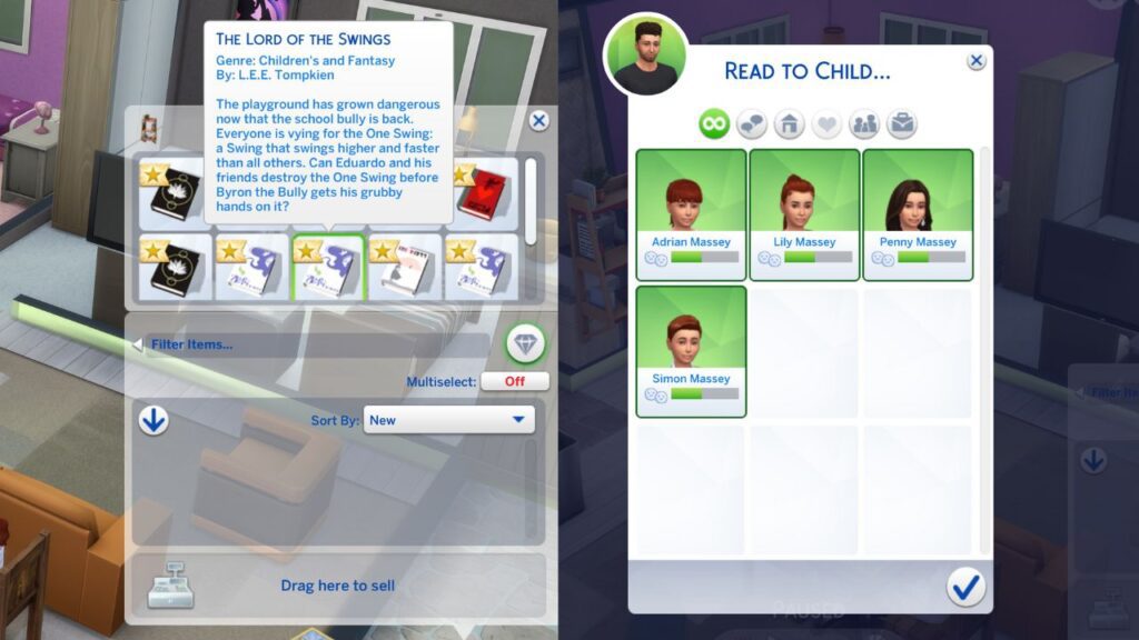 A screenshot from The Sims 4 showing a children's book and the menu to read to children with four kids highlighted