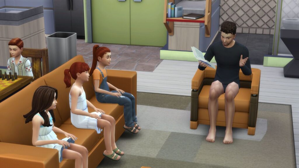 A screenshot from The Sims 4 showing a dad reading to four of his children