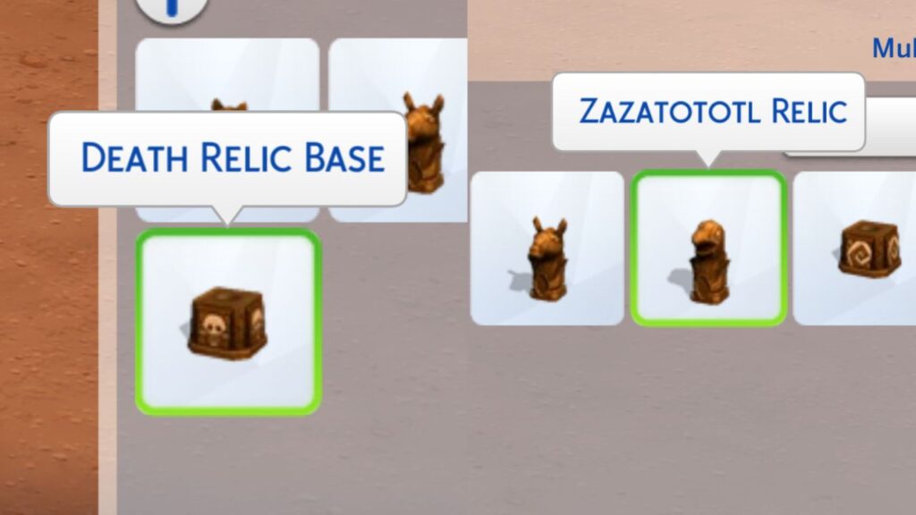 A screenshot from The Sims 4 showing a relic base and a relic to craft a mystical relic 