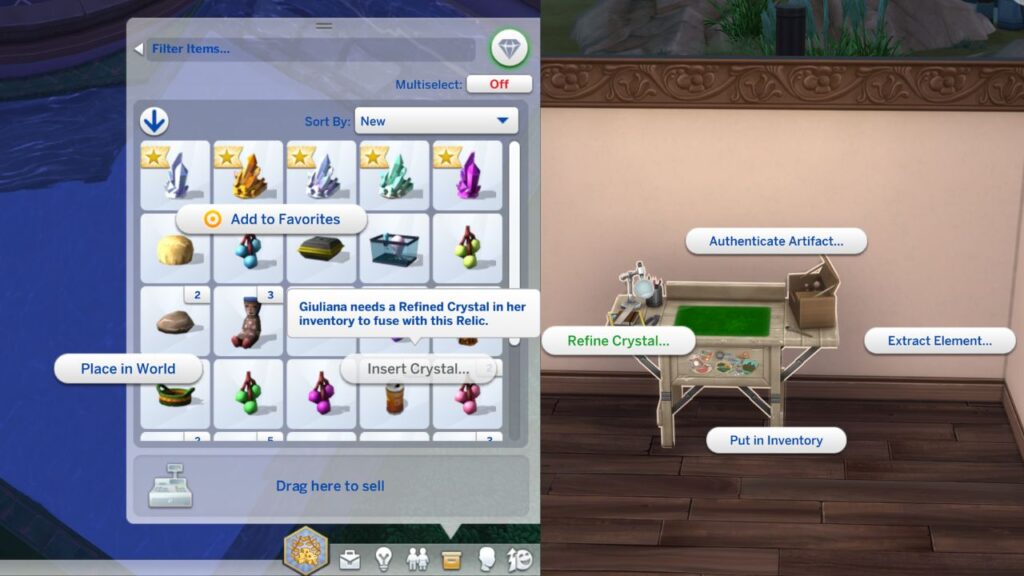 A screenshot from The Sims 4 showing the option to refine a crystal to fuse with a relic