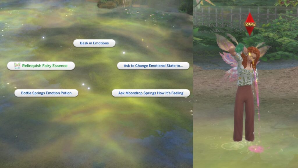 A screenshot from The Sims 4 showing the option to relinquish fairy essence in moondrop springs
