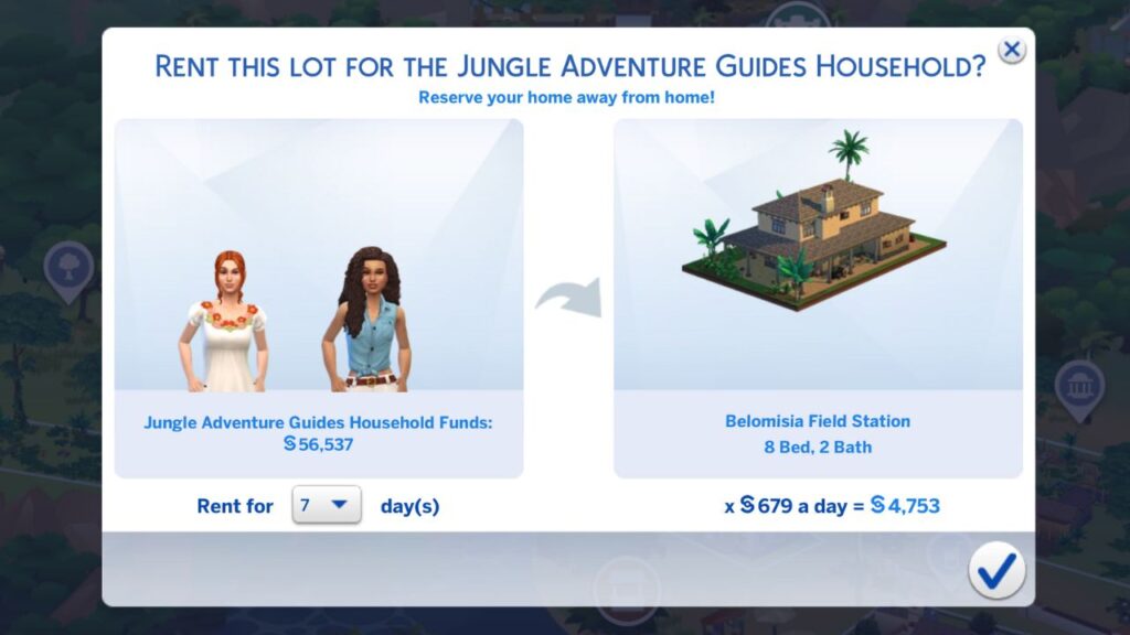 A screenshot from The Sims 4 showing how to rent a lot for a vacation 