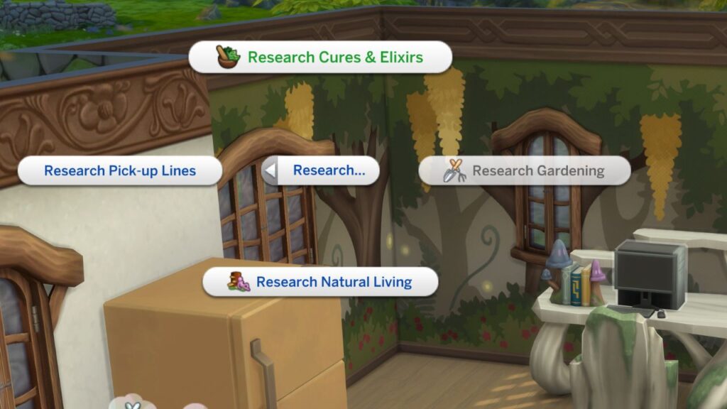 A screenshot from The Sims 4 showing the option on a computer to research cures & elixirs