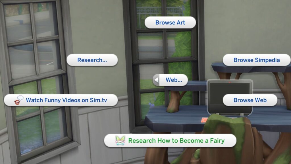 A screenshot from The Sims 4 showing the option to research how to become a fairy on a computer