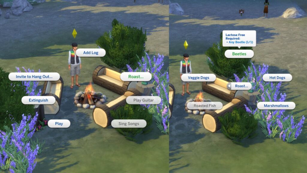 A screenshot from The Sims 4 showing the options for roasting food on a campfire 