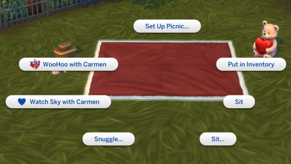 A screenshot from The Sims 4 showing the interactions with a romantic blanket 