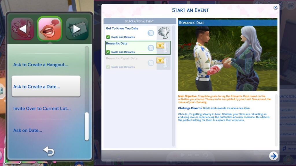 A screenshot from The Sims 4 showing how to create a romantic date event
