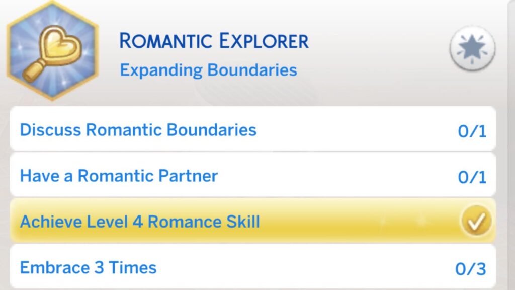 A screenshot from The Sims 4 showing the second stage of the romantic explorer aspiration 