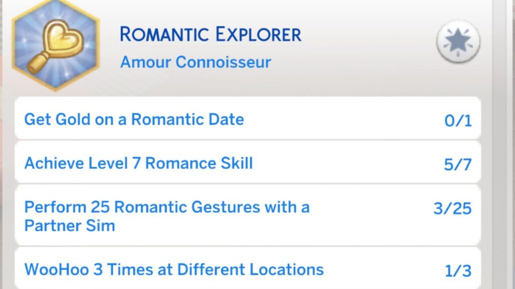 A screenshot from The Sims 4 showing the third stage of the romantic explorer aspiration 