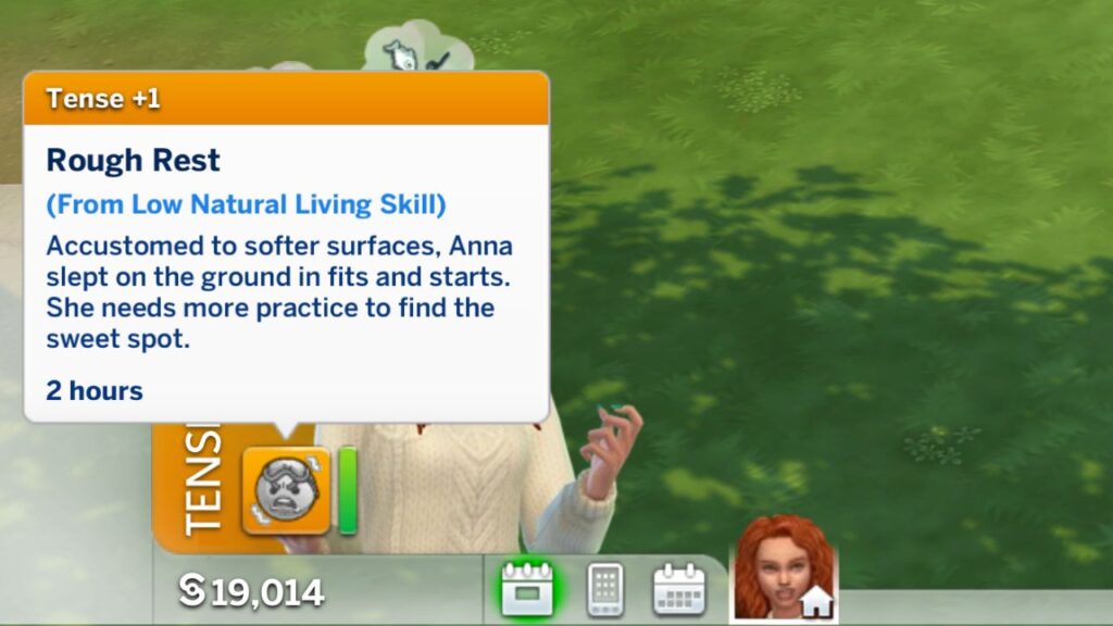A screenshot from The Sims 4 showing the tense moodlet sims get from sleeping outside with a low natural living skill