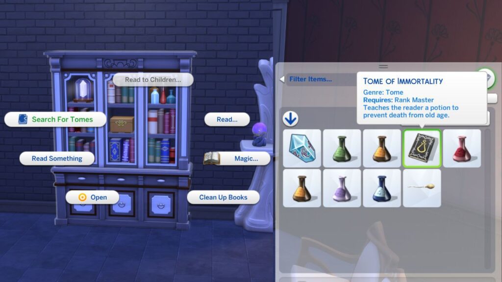 A screenshot from The Sims 4 showing how you can search for tomes
