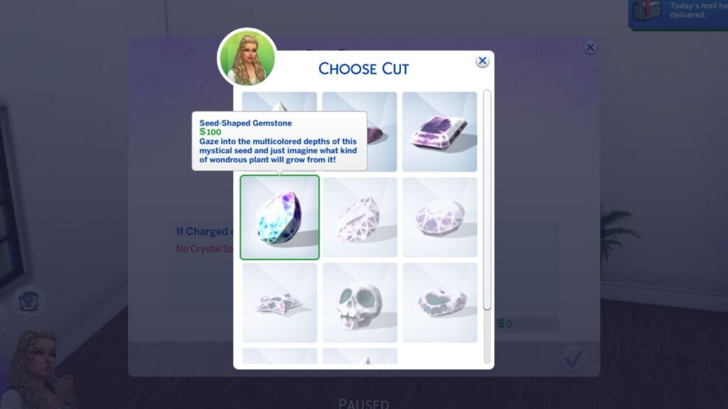 A screenshot from The Sims 4 showing the option to cut a seed-shaped gemstone with gemology