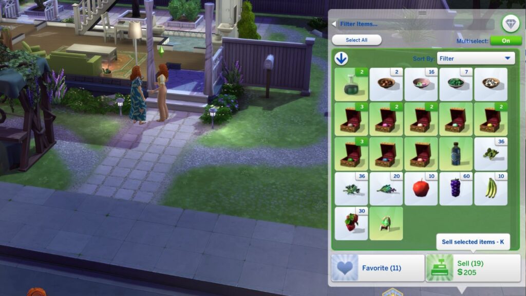 A screenshot from the sims 4 showing how to sell items from a sim's inventory