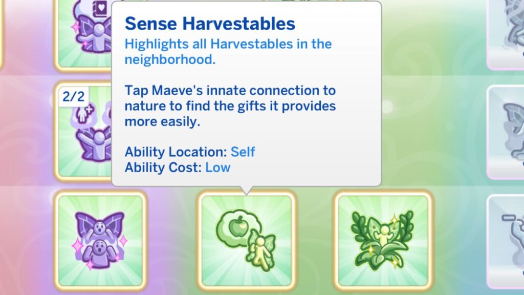 A screenshot from The Sims 4 showing the sense harvestable fairy ability