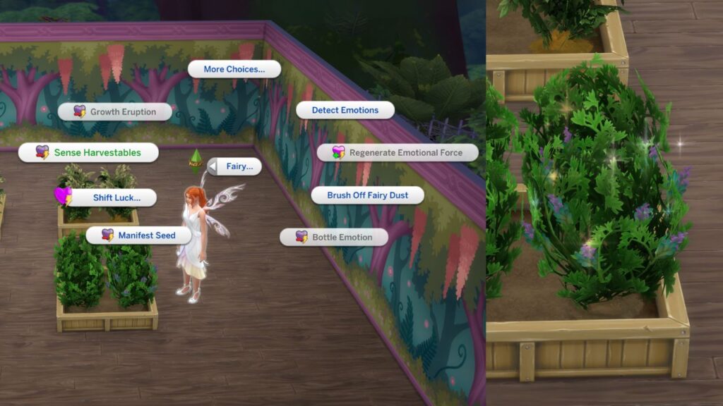 A screenshot from The Sims 4 showing the option for a fairy to sense harvestables