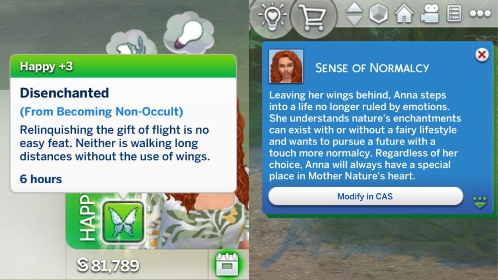A screenshot from The Sims 4 showing the moodlet and notification you get when you stop being a fairy