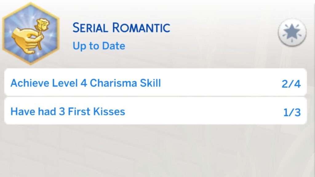 A screenshot from The Sims 4 showing the second stage of the serial romantic aspiration
