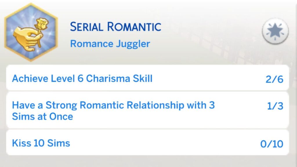 A screenshot from The Sims 4 showing the serial romantic aspiration stage 3