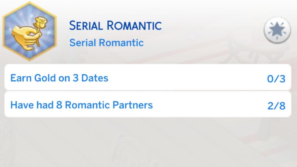 A screenshot from The Sims 4 showing the fourth stage of the serial romantic aspiration