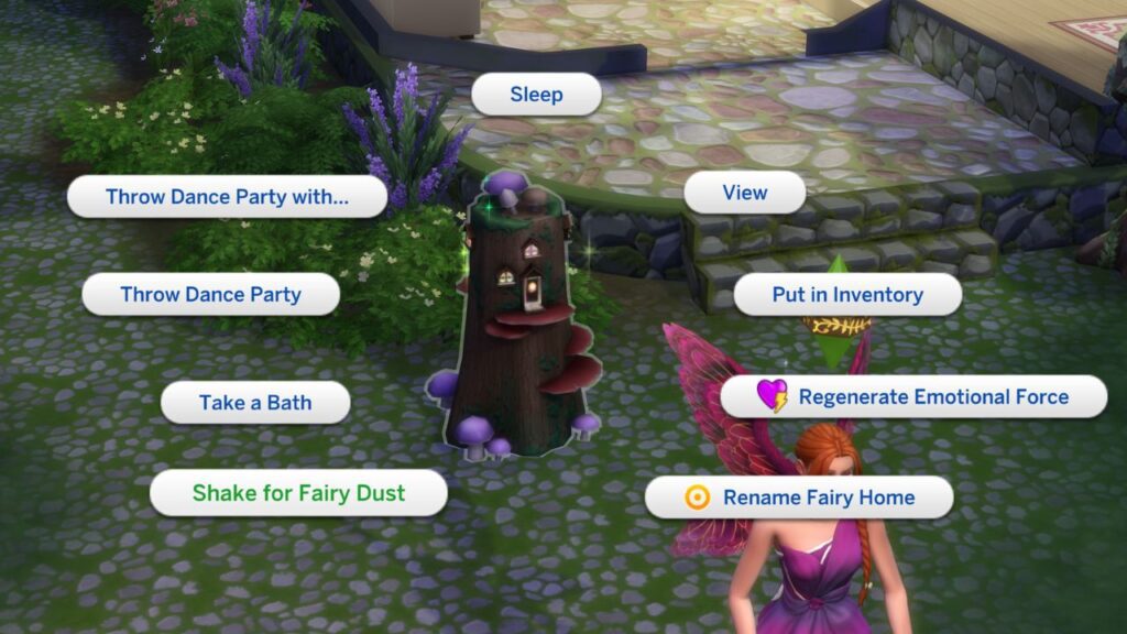 A screenshot from The Sims 4 showing that you can click on a fairy house and shake for fairy dust