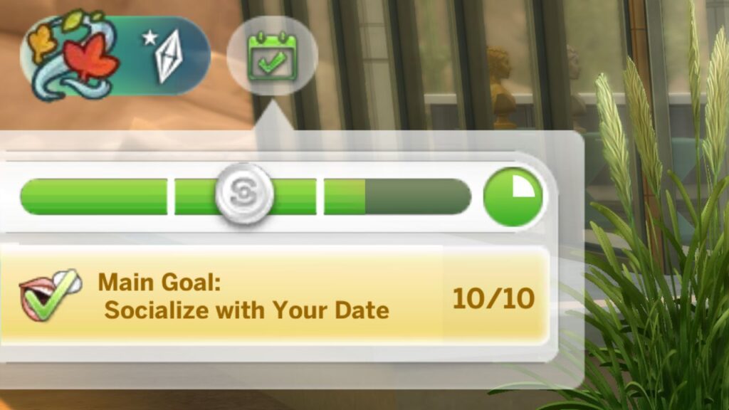 A screenshot from The Sims 4 showing a silver score on a date with another sim