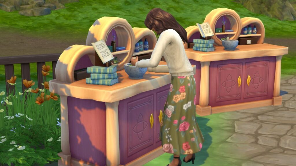 A screenshot from the sims 4 of a sim practicing apothecary
