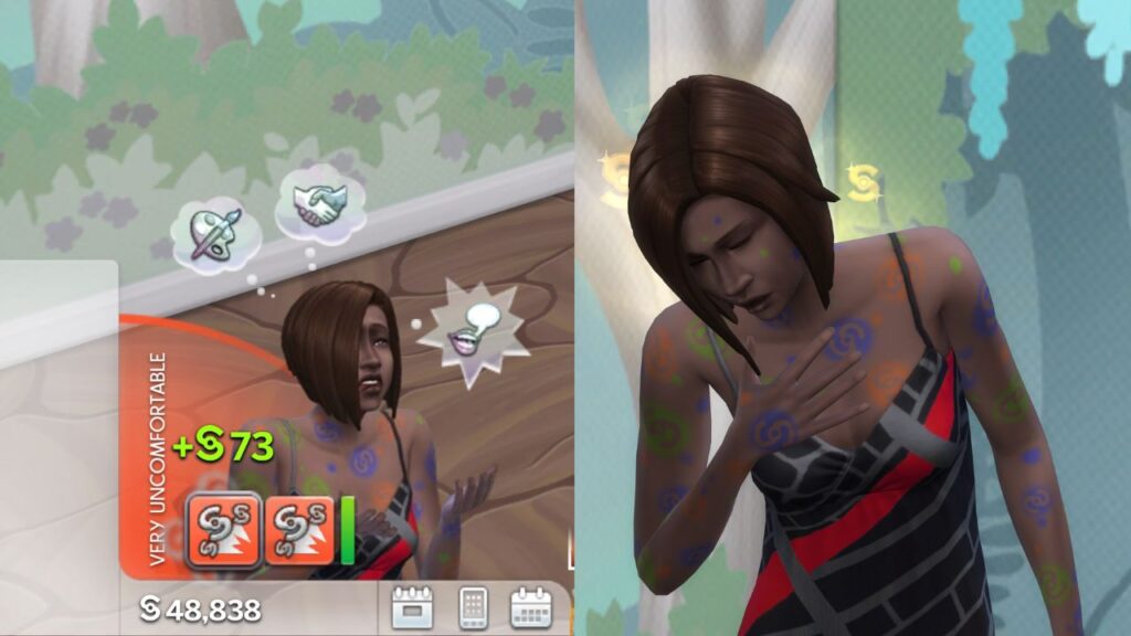 A screenshot from The Sims 4 showing a sim coughing up 73 simoleons from simoleon fever
