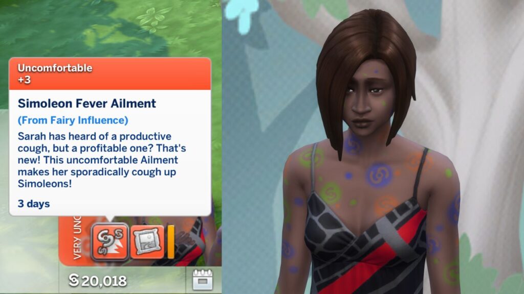 A screenshot from The Sims 4 showing a sim with the simoleon fever ailment