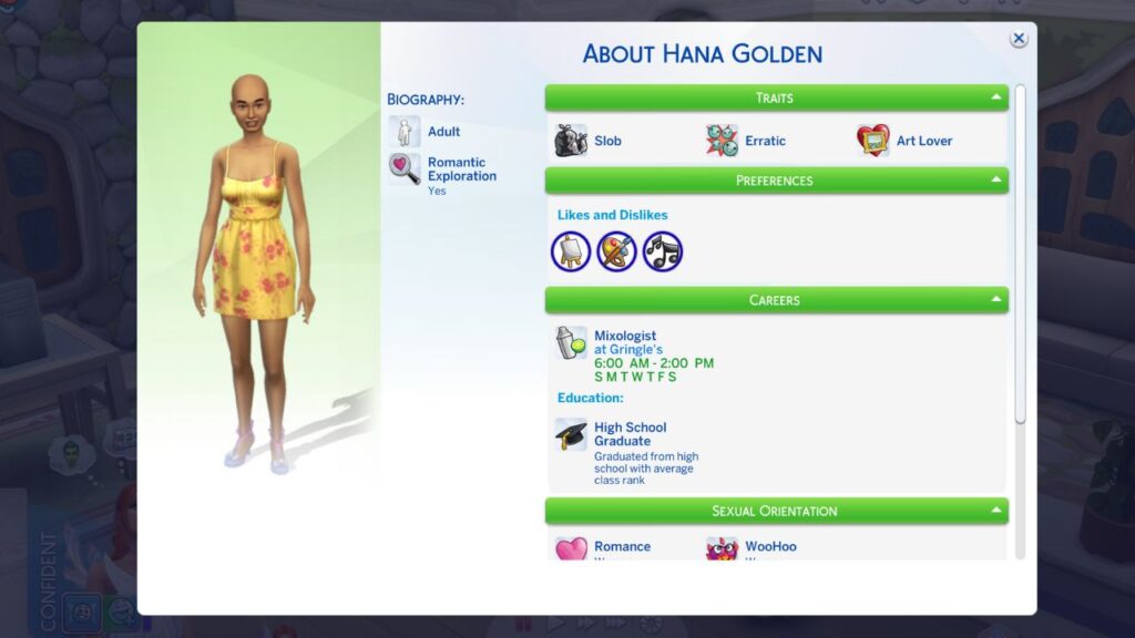 A screenshot from the sims 4 showing the sim profile for a sim named Hana Golden