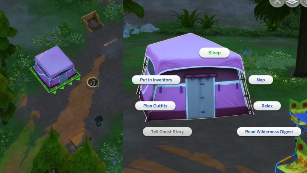 A screenshot from The Sims 4 showing how to get a sim to sleep in a tent