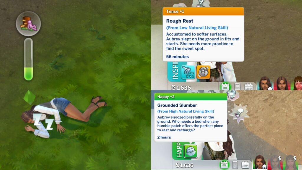 A screenshot from The Sims 4 showing a sim sleeping on the ground and the moodlets they get after